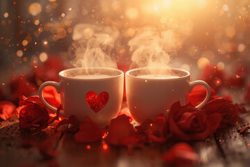 Concept for Valentine's Day. Close-up of cups of hot coffee or tea surrounded by red flowers and hearts on Valentine's Day.