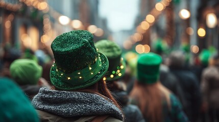 Crowd with green hats and festive lights celebrating st patrick s day
