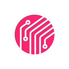 Circuit micro processor technology digital icon logo modern simple minimal graphic design illustration, red abstract microprocessor electronics chip sign symbol, pcb microchip production logotype 
