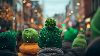Crowd of people wearing winter hats looking at festive lights in a city