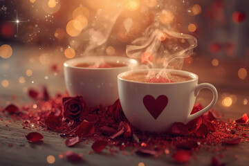 Concept for Valentine's Day. Close-up of cups of hot coffee or tea surrounded by red flowers and hearts on Valentine's Day.