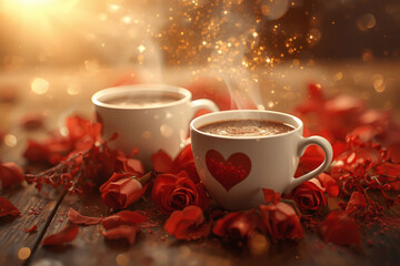 Concept for Valentine's Day. Close-up of cups of hot coffee or tea surrounded by red flowers and hearts on Valentine's Day.