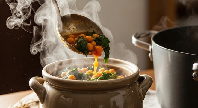 Ladling hot steaming chickpea and spinach soup into a rustic bowl.