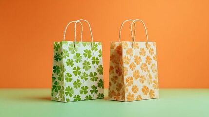 Two patterned gift bags with handles stand against a vibrant orange backdrop