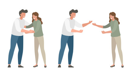 People hugging isolated icon vector modern simple minimal graphic illustration set, man woman embrace happiness greeting or meeting each other, couple friendship in love, relationship concept image
