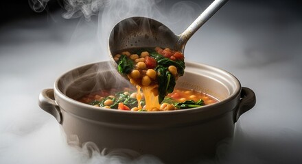 Steaming Chickpea and Spinach Stew Being Ladled into a Pot.