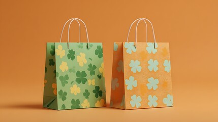 Two patterned gift bags stand against a warm orange background
