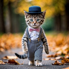 Dapper kitten wearing hat and bowtie walking on autumn path  