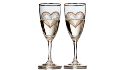 Two crystal champagne glasses adorned with heart designs on transparent backdrop celebratory valentine's day toast to love happiness romance