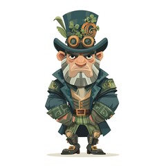 A detailed illustration of a steampunk leprechaun character with a fierce expression