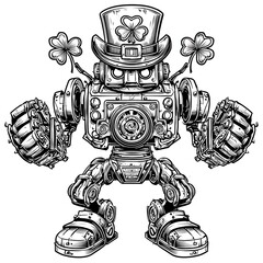 A whimsical robot design featuring a leprechaun hat and clovers