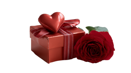 Valentine's day gift box with heart-shaped accent and rose on a transparent backdrop, romantic presents and love themed events