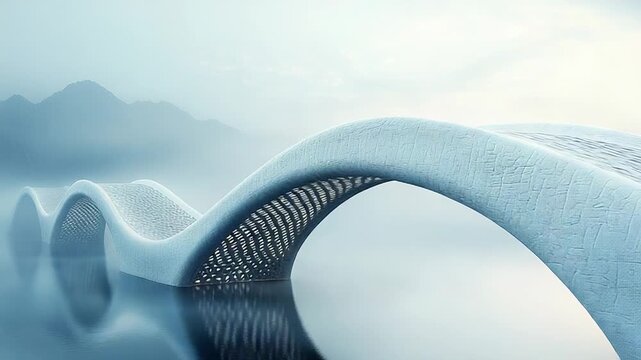 Futuristic wavy bridge structure with a parametric architectural design spanning calm water, reflecting its form under misty conditions with mountains in the background
