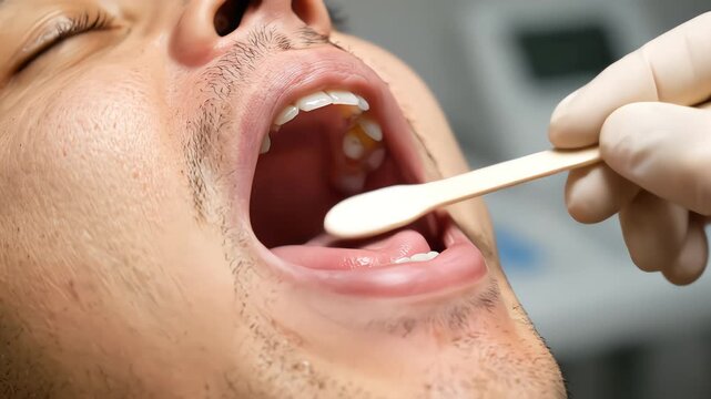 Close-up of a doctor performing a throat examination on a male patient, using a wooden tongue depressor to inspect the oral cavity for diagnosis