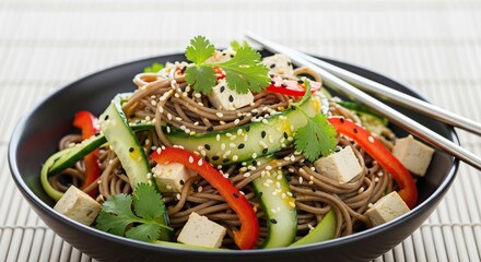 Delicious Asian Noodle Salad with Fresh Vegetables and Tofu.