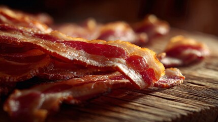 Bacon partially eaten with bite marks, crumbs and grease spots on wood, authentic lifestyle storytelling