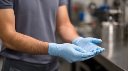 Obraz premium Hands in blue disposable gloves held open in a professional setting