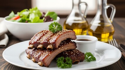 Gourmet grilled beef steak served on a white plate with a fresh salad and savory sauce makes a delicious cooked meat dish for a gourmet dinner meal