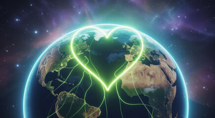 Earth in space with a green heart shape representing love and care for the planet and environmental protection and sustainability concept 
