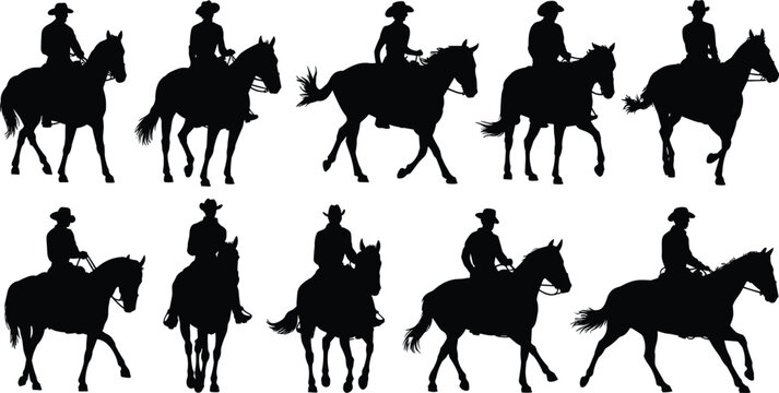 Horseback riding silhouettes, cowboy icons, western style, black vector, flat illustration, equestrian poses, reins, saddle, rural motion, ranch life