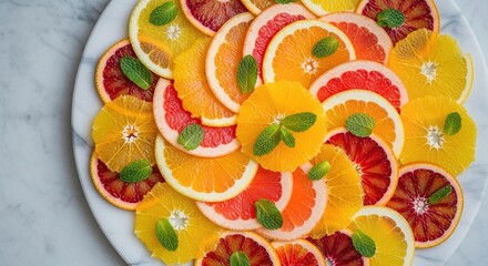 Vibrant Citrus Slices with Mint Leaves on a White Plate.