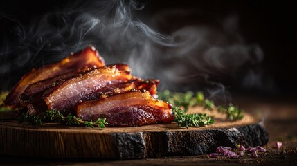 Bacon plated casually on charred wood slab, smoke residue and herbs scattered, dramatic low-angle lighting