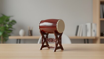 A small, polished dark wood bedug drum miniature placed on a wooden desk with a blurred office background.