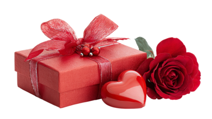 Beautiful red gift box with ribbon hearts and flower for valentine's day present wrapped in paper for love celebration romantic