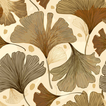 Dessin de Feuillage de Ginkgo Couleurs Beige et Dor&eacute; Nuances - Illustration Motif Fond Nature V&eacute;g&eacute;tal Mouvement