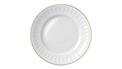A white plate with a gold rim on a black background