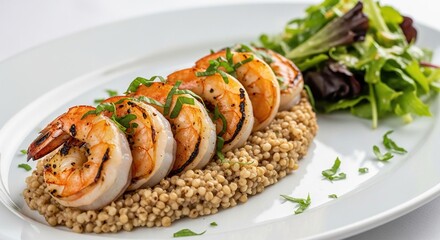 Grilled Shrimp with Quinoa and Fresh Greens on White Plate.