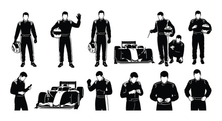 Silhouette depictions of race car drivers and a formula one vehicle © nurjahan
