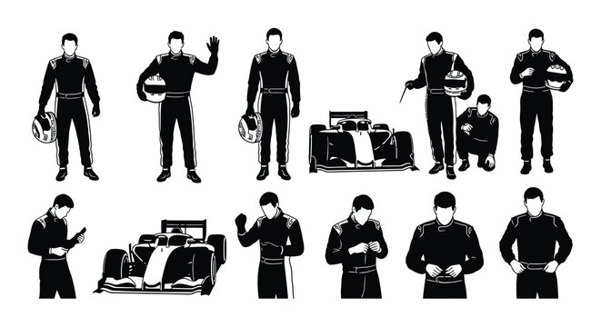 Silhouette depictions of race car drivers and a formula one vehicle