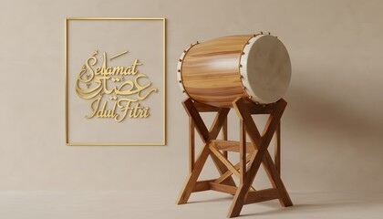 Traditional bedug drum next to a gold framed "Selamat Idul Fitri" typography on a textured beige wall.
