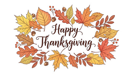 Autumn leaves and calligraphy celebrate a happy thanksgiving holiday season