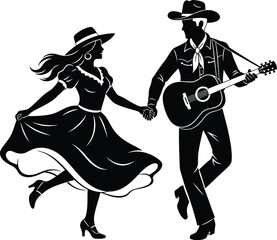 A black and white cartoon illustration of a dancing girl with a guitar dressed as a playful Halloween witch wearing a hat and costume