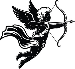 A cute cartoon illustration of Cupid holding a bow and arrow, symbolizing love and Valentine&rsquo;s Day in a simple vector style