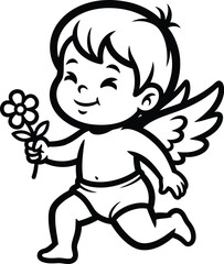 A cute cartoon illustration of a smiling baby boy holding a flower