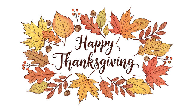 Autumn leaves and calligraphy celebrate a happy thanksgiving holiday season - Powered by Adobe