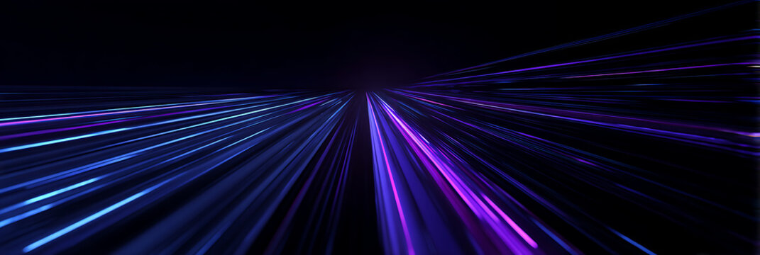 Futuristic neon light speed lines in deep space, abstract motion background with blue and purple glowing trails converging to vanishing point, high tech sci fi energy concept