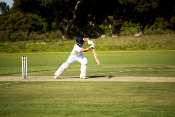 Male cricket batsman swinging wooden bat on grass pitch at cricket field with stumps behind