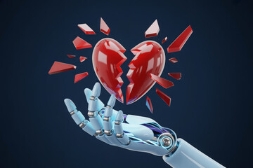 Broken heart robot hand ai technology artificial intelligence love concept design 
