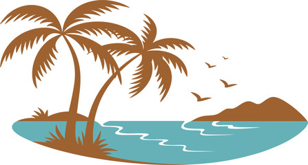 Tropical beach vector illustration with palm trees, sea water, flying birds, and mountains for summer vacation