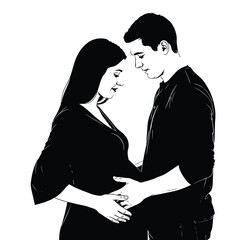 A black vector illustration of a young couple sharing a romantic kiss and hug, capturing the beauty of love and togetherness between a men and woman in a minimalist silhouette