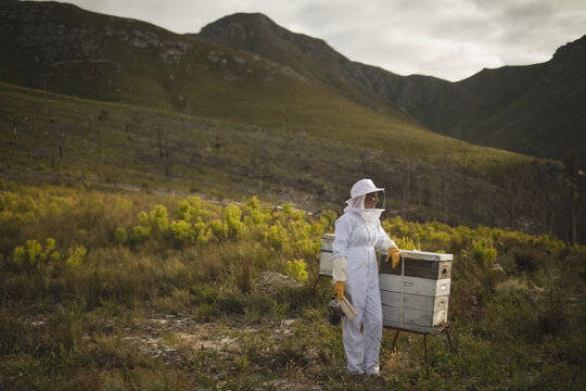 Female beekeeper in beekeeping suit checking hive using smoker and hive tool in hills, copy space