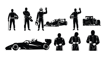 Silhouette depictions of race car drivers and a formula one vehicle © nurjahan