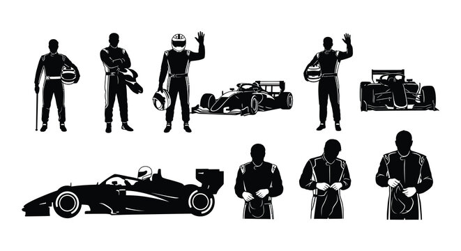 Silhouette depictions of race car drivers and a formula one vehicle