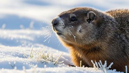 Obraz premium A groundhog stands in the snow, its whiskers dusted with frost in the morning light.