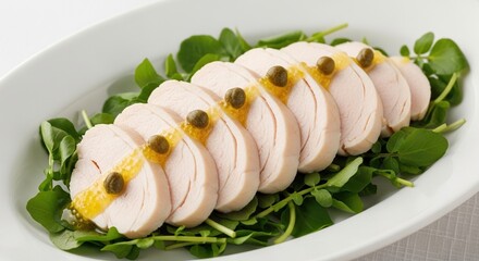 Sliced Chicken Breast Appetizer with Garnish on Watercress Salad.