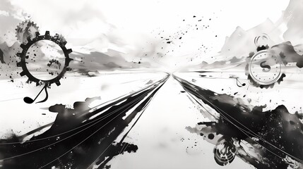 Black-and-white ink-style abstract backdrop with railway tracks, gears & notes, for creative posters, literary design, industrial-themed projects, artistic marketing assets